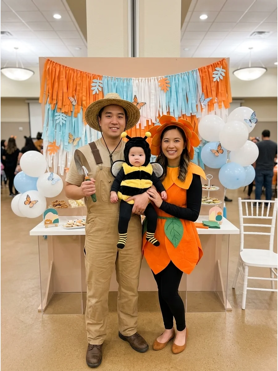 Gardener and flower costumes with a baby dressed as a bumblebee.