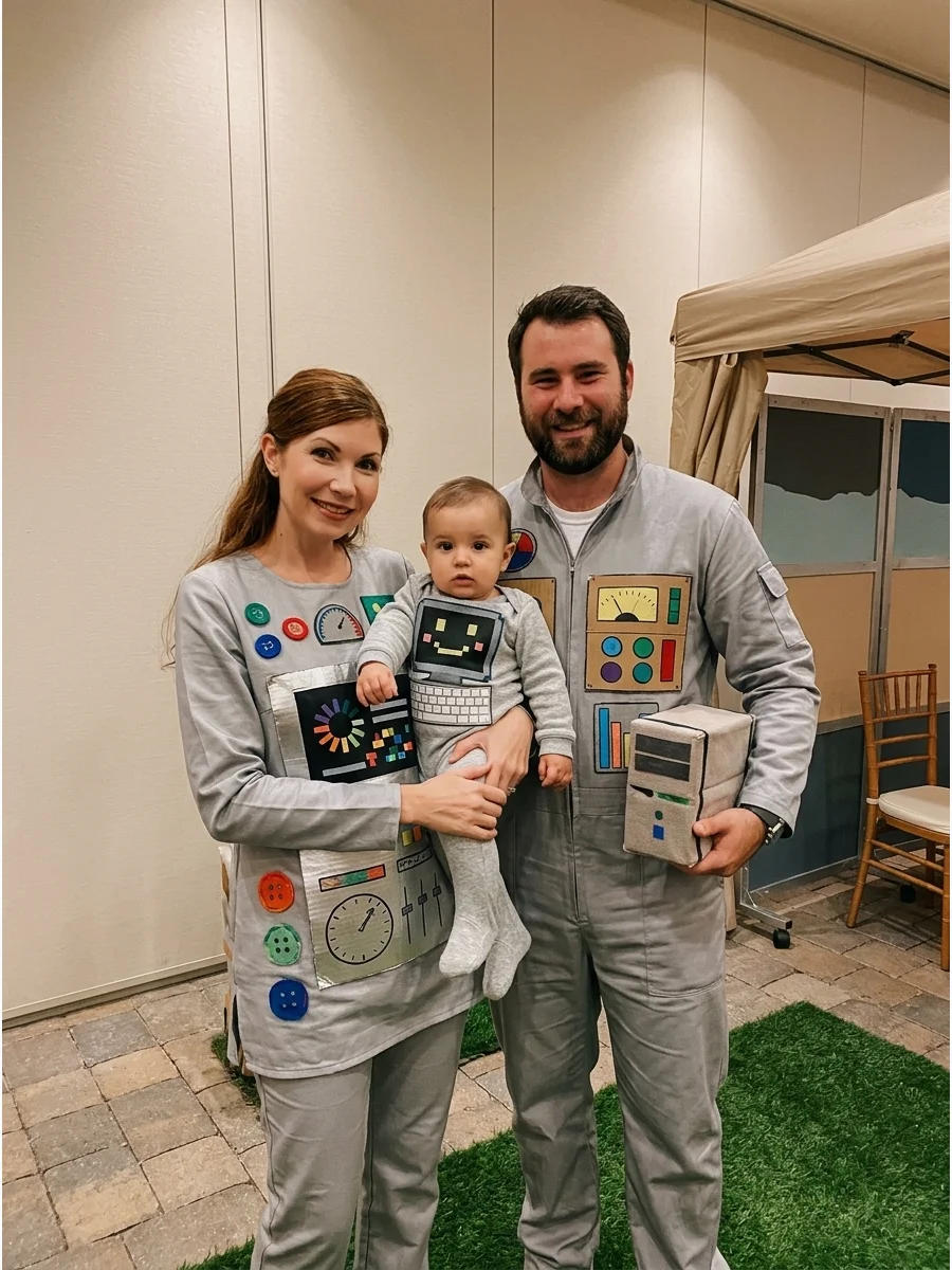 Parents in gray robot costumes holding a baby in a white computer onesie.
