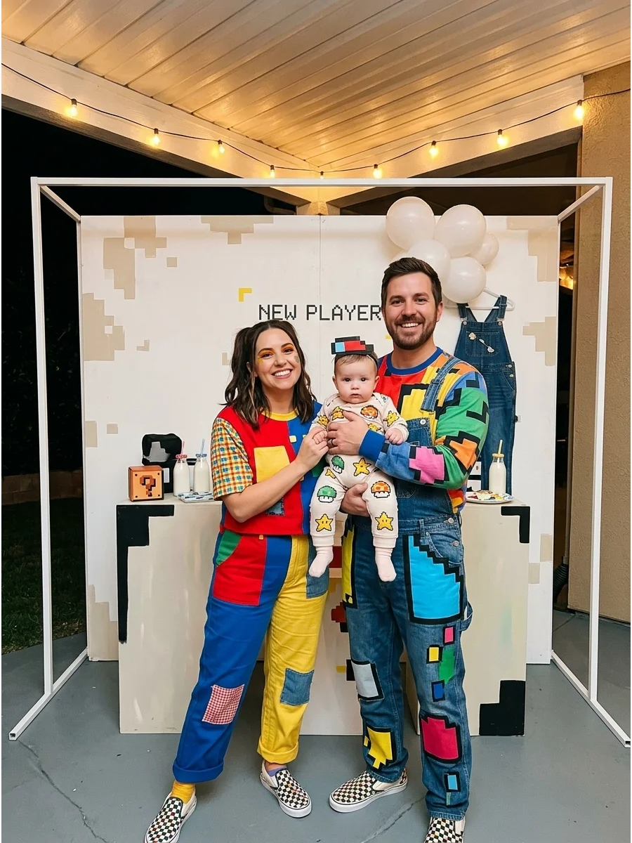Family in colorful pixelated clothing holding a baby in a matching romper.