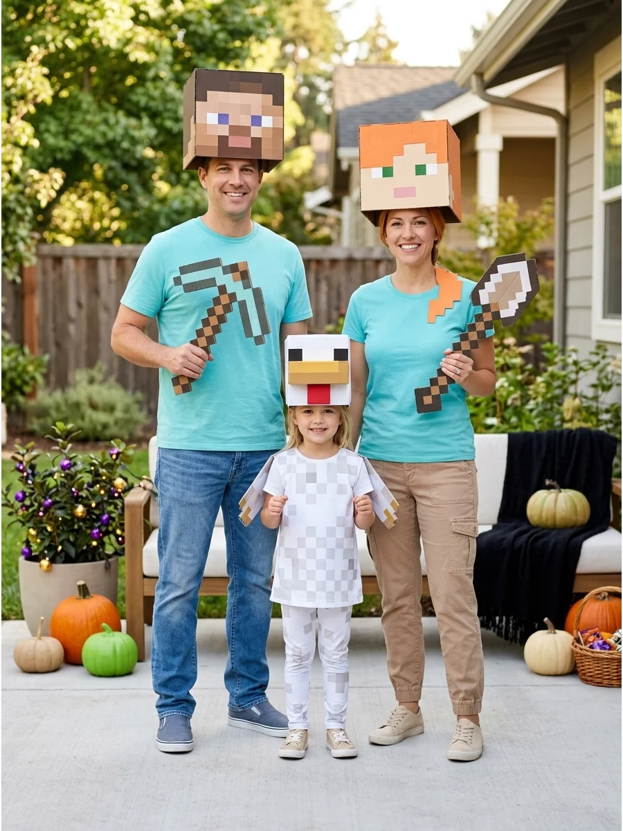 Minecraft Family. Dress two family members as Steve and Alex using turquoise shirts, block-shaped tools, and pixelated cardboard headpieces. The third person can become a Creeper,