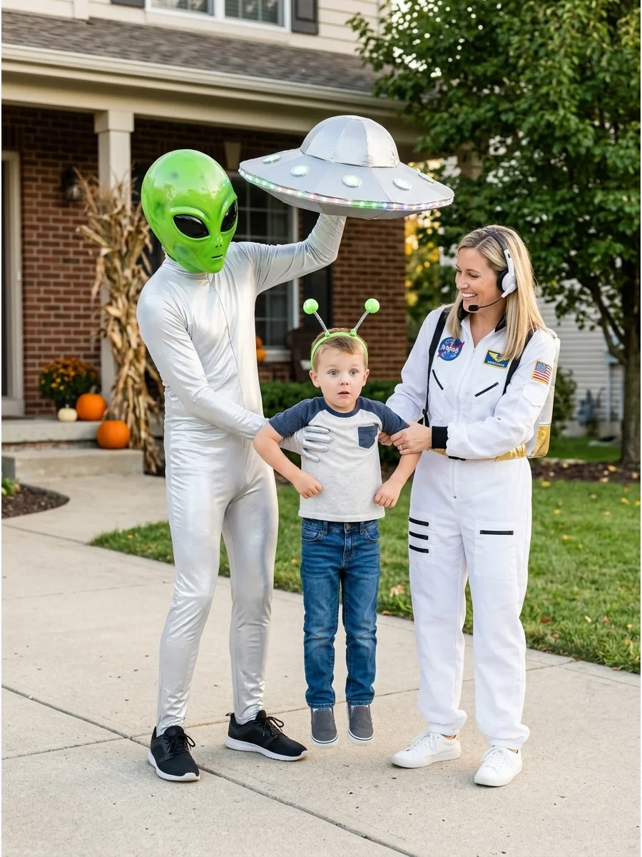 Alien Abduction Family. One person can dress as an alien, another as an astronaut or scientist, and the third as the confused person being abducted. A lightweight cardboard UFO or