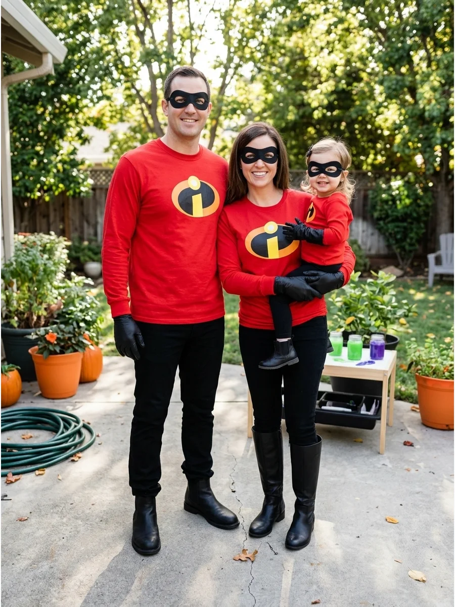 The Incredibles Family. Parents can dress as Mr. Incredible and Elastigirl while the child becomes Violet, Dash, or Jack-Jack. Matching red shirts, black pants, boots, gloves, and