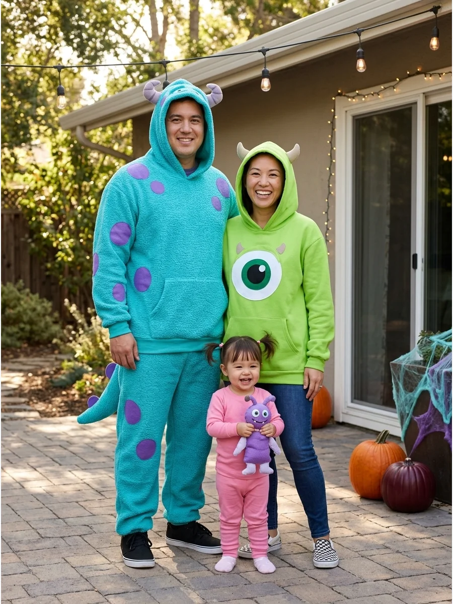 Monsters, Inc. Family. Choose Sulley, Mike, and Boo for a colorful trio that works especially well with a younger child. Boo’s costume can be made with pink pajamas, while the mons