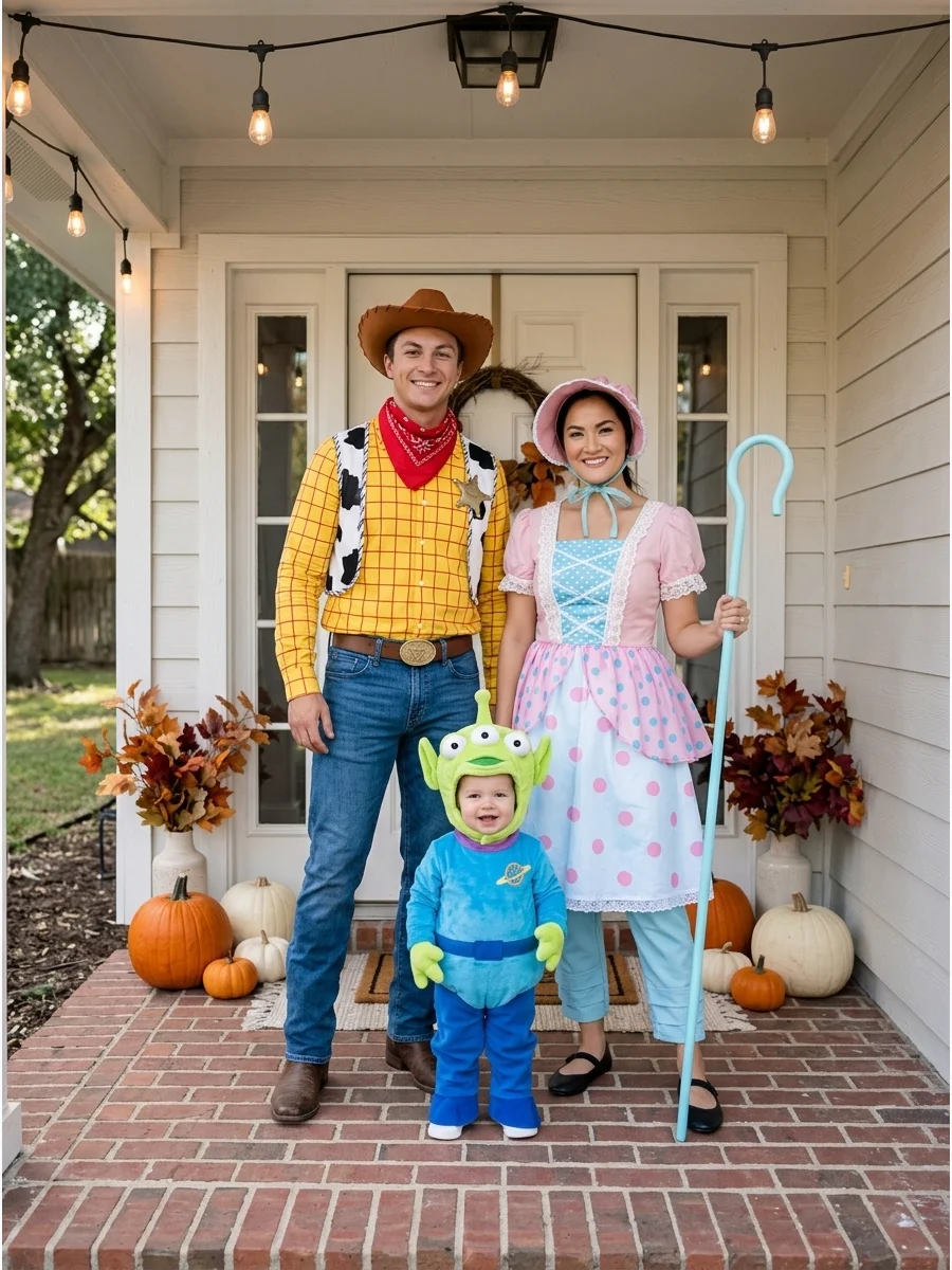 Toy Story Family. Dress as Woody, Jessie, and Buzz Lightyear for a classic family-of-three costume. Another fun combination is Woody, Bo Peep, and a child dressed as a little green