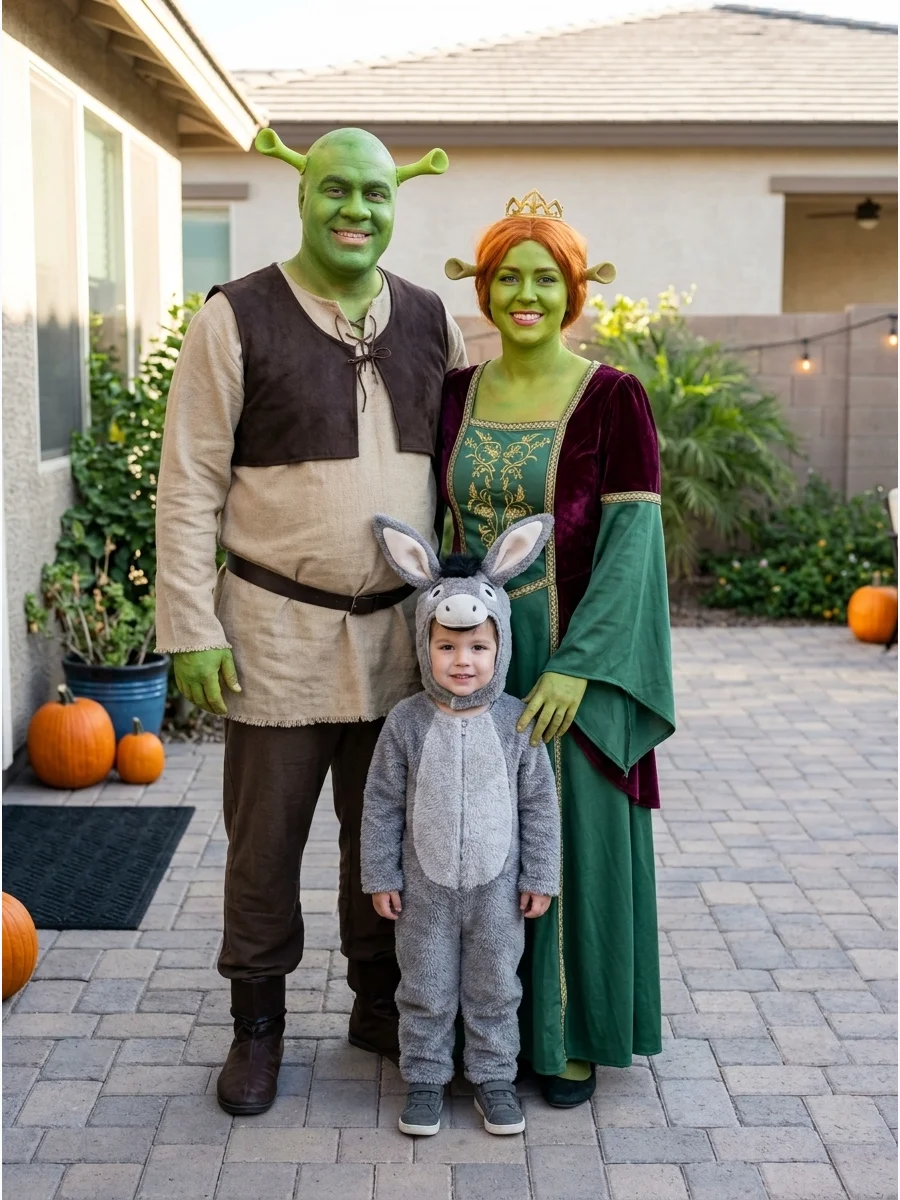 Shrek Family. Parents can become Shrek and Fiona while the child dresses as Donkey, Puss in Boots, or a baby ogre. Green face paint, homemade ogre ears, and thrifted medieval cloth