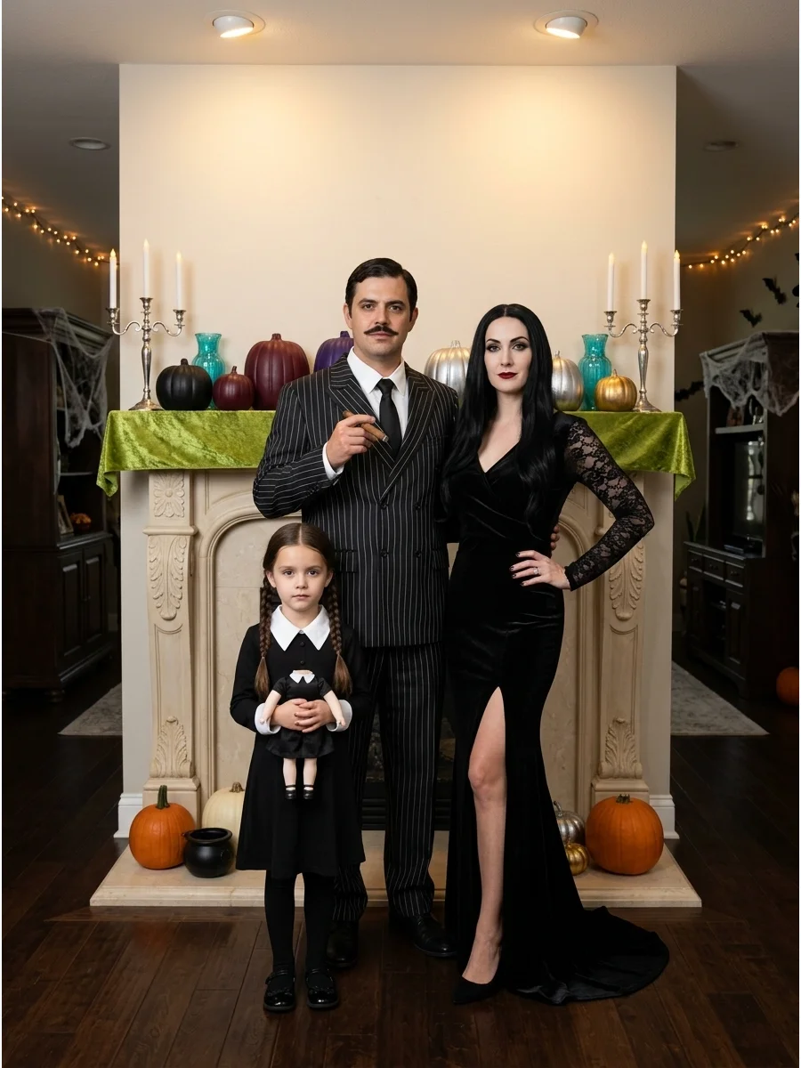 The Addams Family. Dress as Morticia, Gomez, and Wednesday for a dark but elegant Halloween trio. Families with a younger child can replace Wednesday with Pugsley or a miniature Co