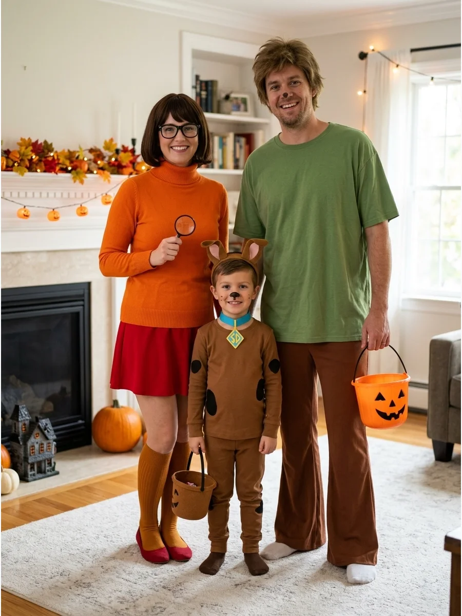 Scooby-Doo Family. Two people can dress as Shaggy and Velma while the third becomes Scooby-Doo. The clothing is easy to find, and Scooby’s costume only needs a brown outfit, felt e