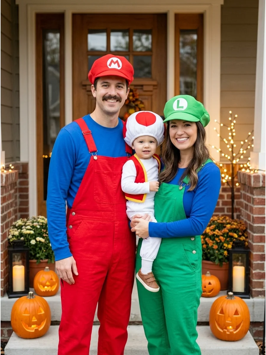 Mario Family. Choose Mario, Luigi, and Princess Peach for a bright, recognizable family costume. A younger child can also dress as Toad, Yoshi, or a Super Star instead of Princess