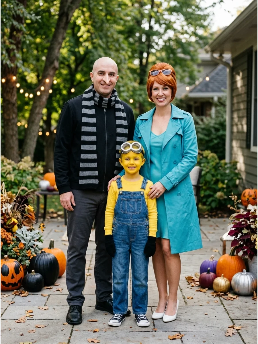 Despicable Me Family. One family member can become Gru, another can dress as Lucy, and the third can be a Minion. Use black clothing, a striped scarf, denim overalls, yellow shirts