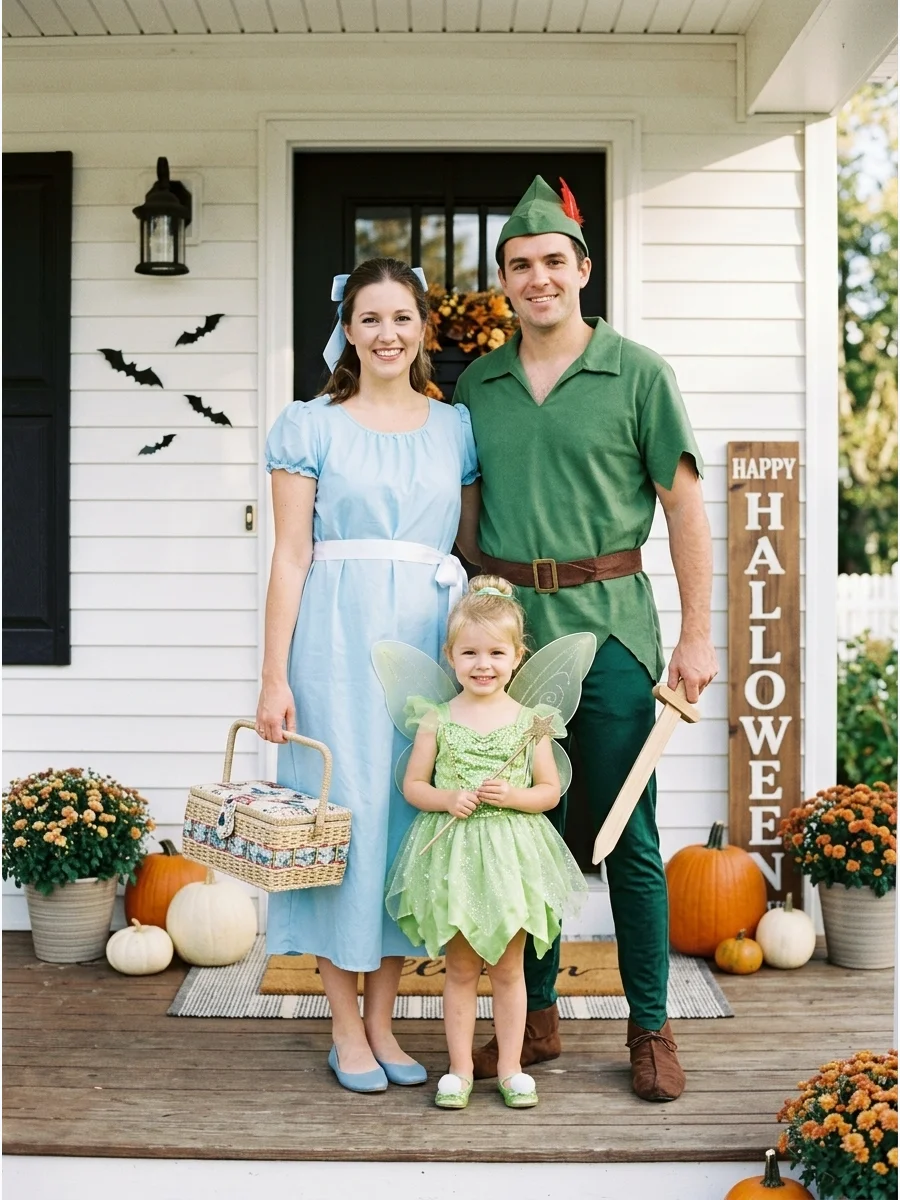 Peter Pan Family. Dress as Peter Pan, Wendy, and Tinker Bell for a magical storybook trio. Another combination could include Captain Hook and a child dressed as the crocodile. fami