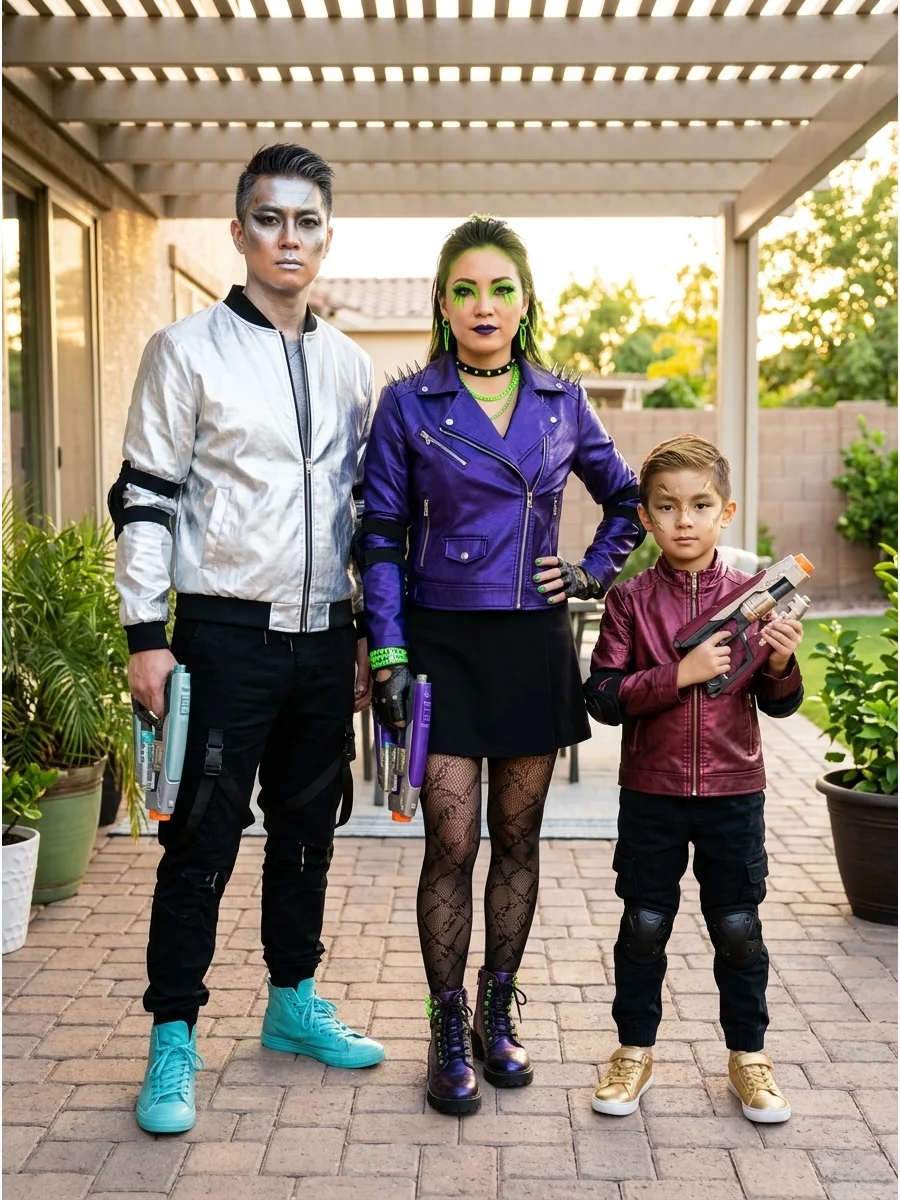 K-Pop Monster-Fighting Trio. Create three coordinated pop-star outfits using metallic jackets, colorful accessories, dramatic makeup, and fantasy-inspired details. Each family memb