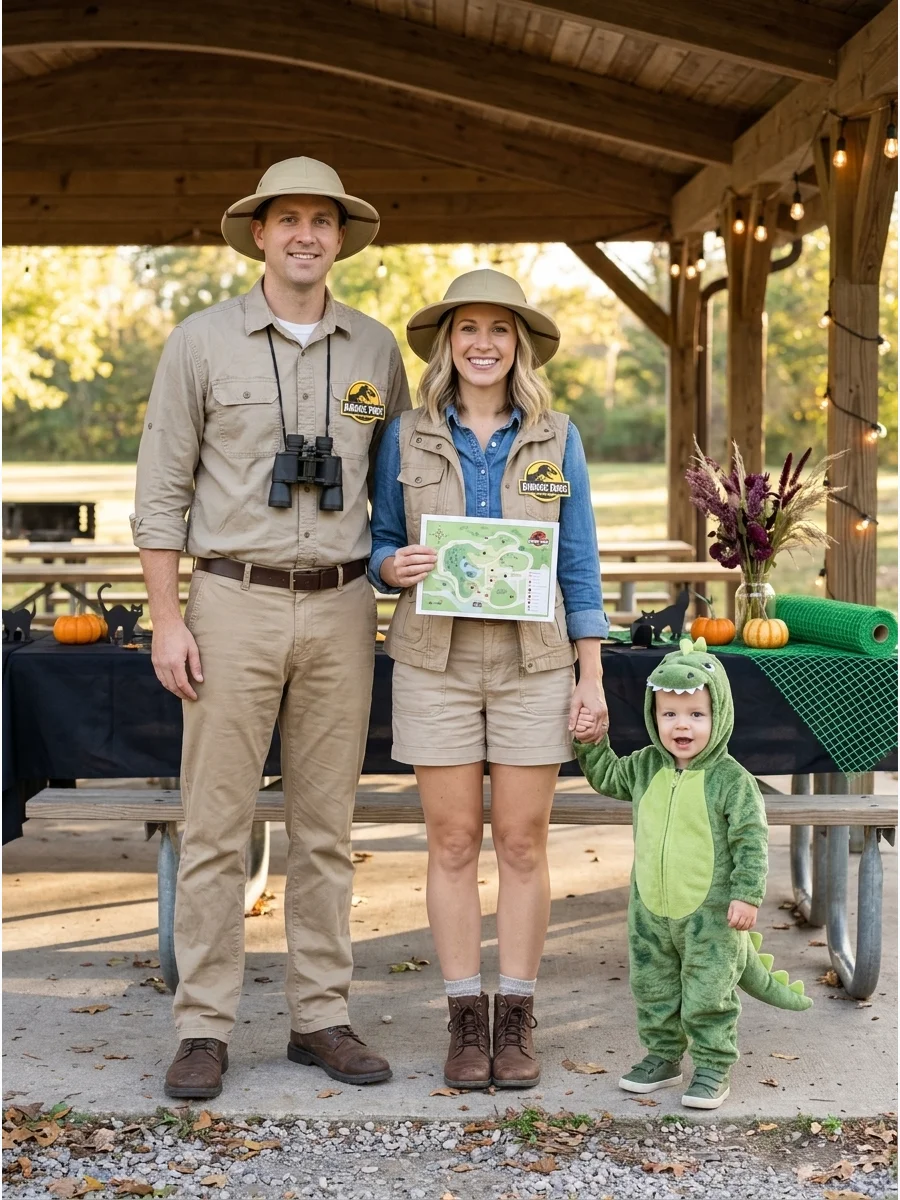 Jurassic Park Family. Two family members can become park explorers while the third dresses as a dinosaur. Khaki clothing, safari hats, homemade park badges, and a soft dinosaur cos