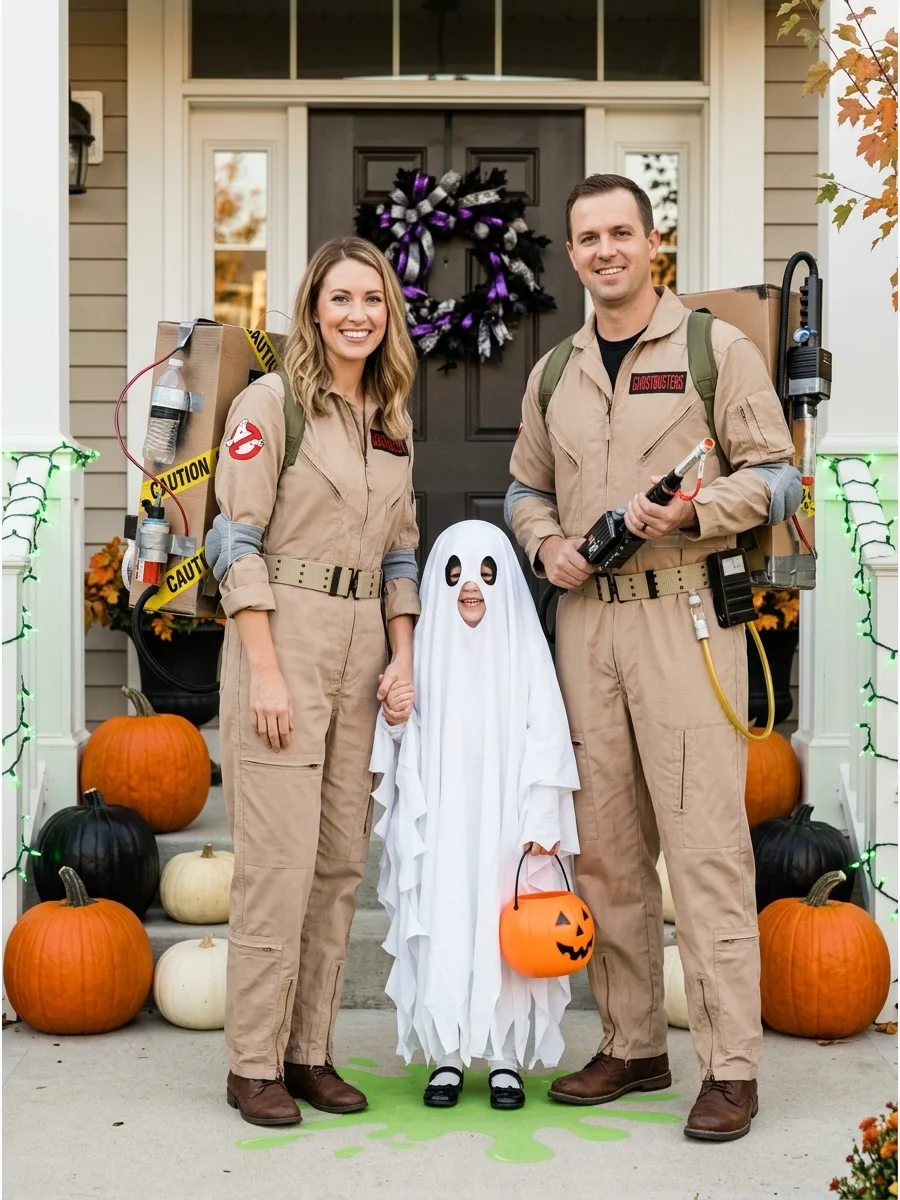 Ghostbusters Family. Dress two family members as Ghostbusters using tan jumpsuits and homemade cardboard proton packs. The third person can become a friendly ghost, Slimer-inspired