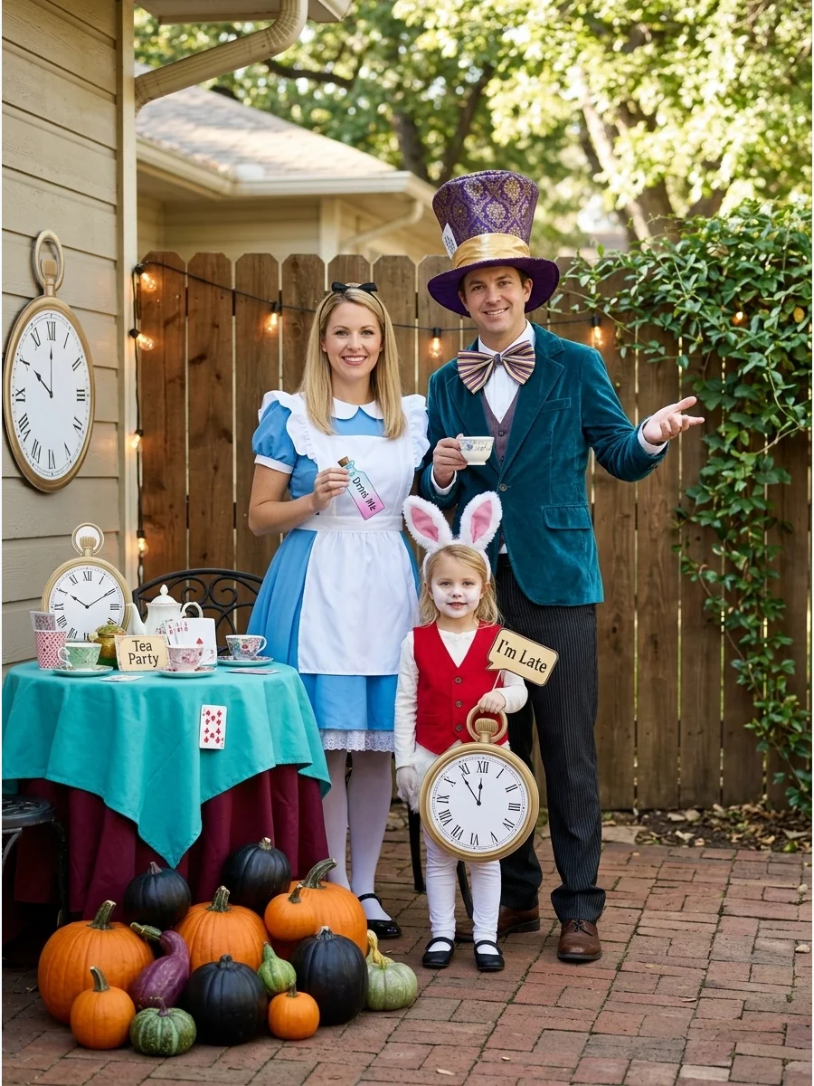 Alice in Wonderland Trio. Choose Alice, the Mad Hatter, and the White Rabbit for a whimsical family costume. Bright colors, oversized clocks, playing cards, and tea-party accessori