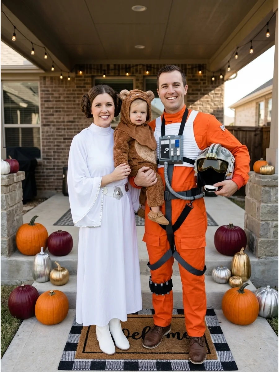 Star Wars Family. Dress as a space princess, pilot, and tiny Jedi, droid, or Ewok. A family with a younger child can make the child the centerpiece by choosing a soft, hooded creat