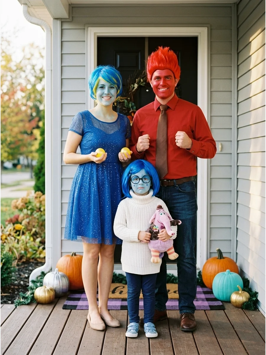 Inside Out Emotions. Each family member can represent a different emotion, such as Joy, Sadness, and Anger. Use brightly colored clothing, wigs, face paint, and expressive accessor