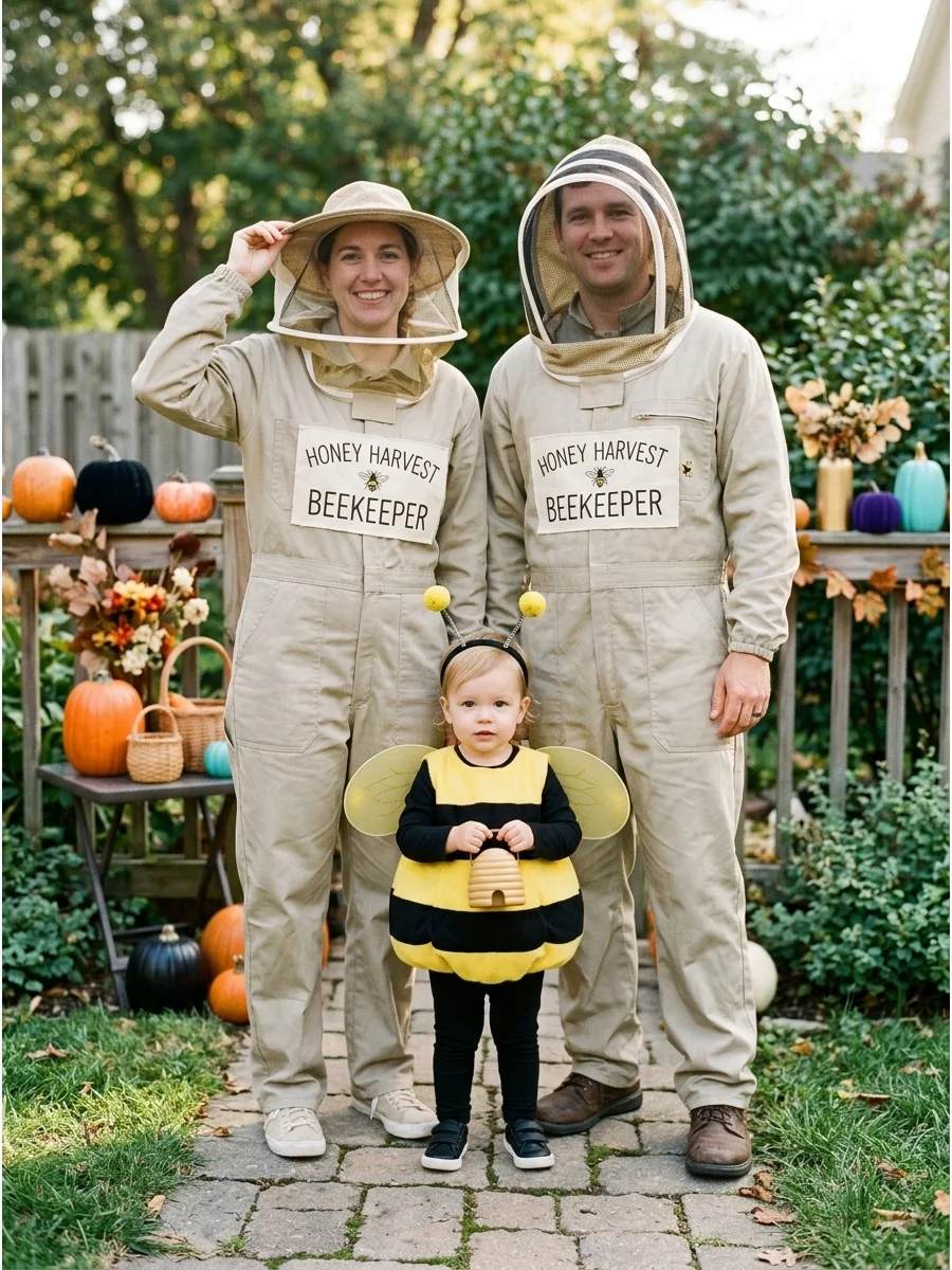 Beekeepers and Little Bee. Two family members can wear white or khaki outfits with netted hats and homemade beekeeper labels. The third can become an adorable bee in a yellow-and-b