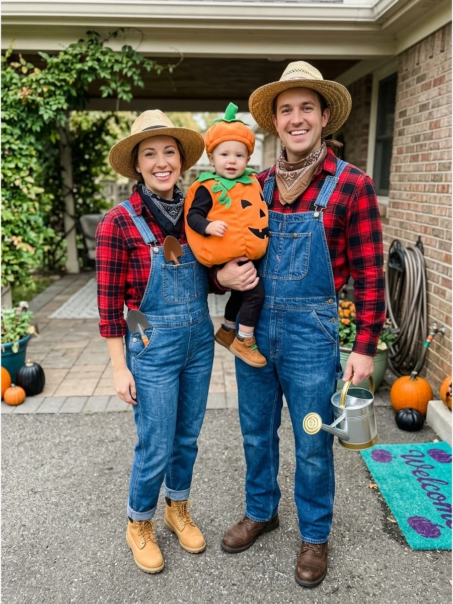 Farmers and Little Pumpkin. Dress two family members in overalls, plaid shirts, boots, and straw hats. The third person can wear an orange pumpkin costume with a green stem hat. fa