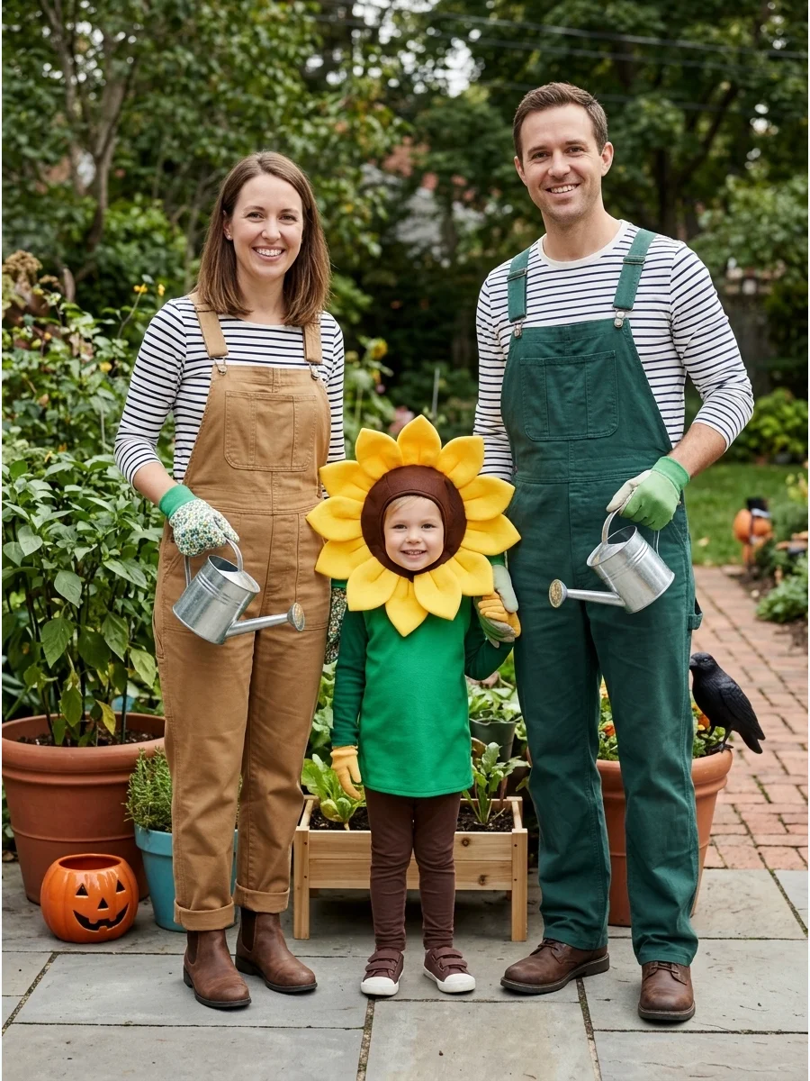 Gardeners and Sunflower. Two family members can become gardeners using overalls, gardening gloves, and lightweight watering cans. The third can dress as a bright sunflower with gre