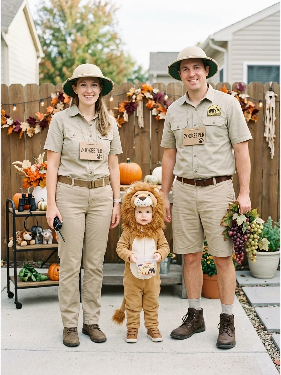 Zookeepers and Wild Animal. Wear matching khaki outfits, safari hats, and handmade zoo badges for the zookeepers. The third family member can become a lion, monkey, giraffe, elepha