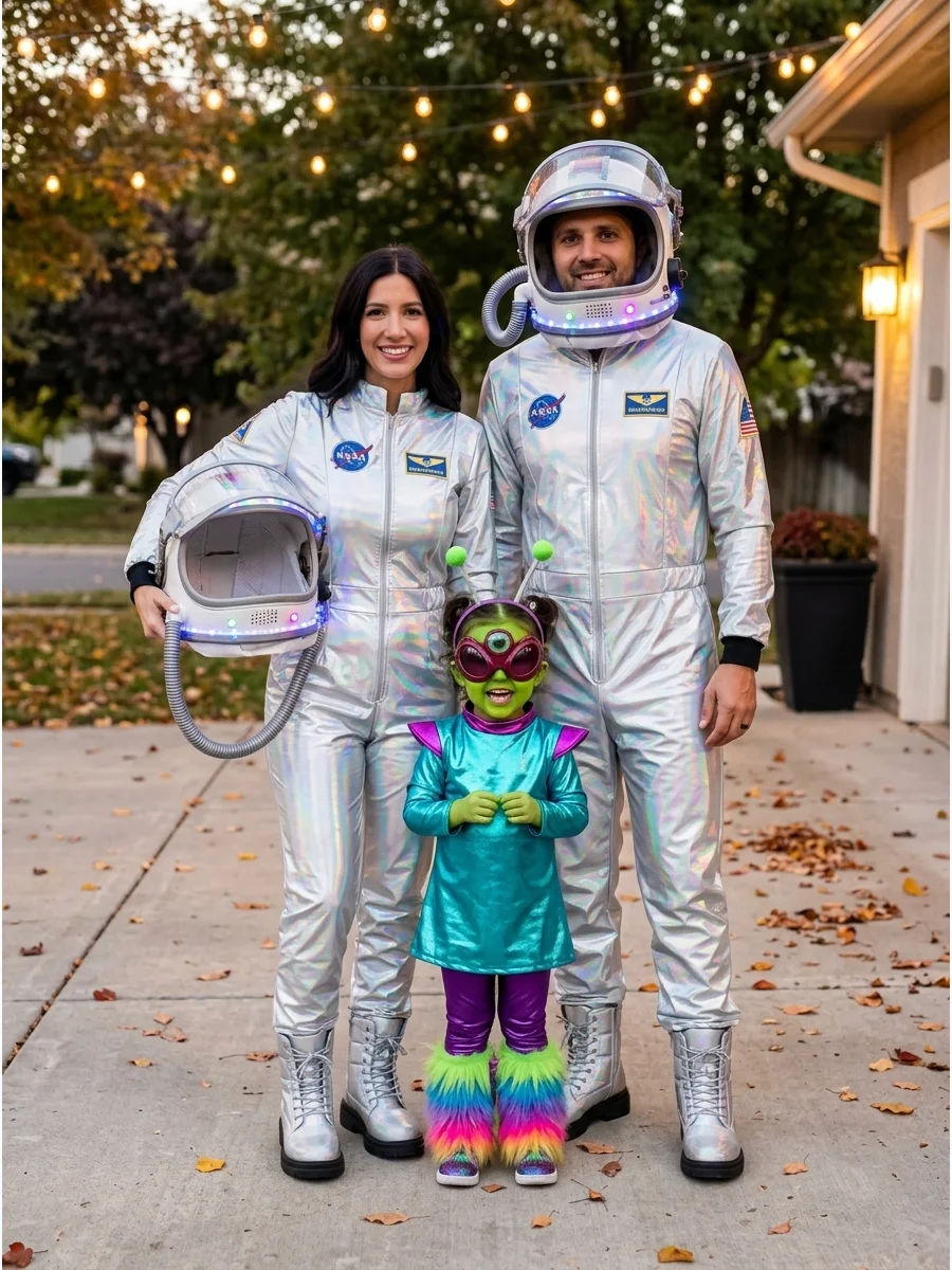 Intergalactic Family. Dress two family members as futuristic astronauts while the third becomes a colorful alien. Holographic clothing, silver boots, homemade space helmets, and gl