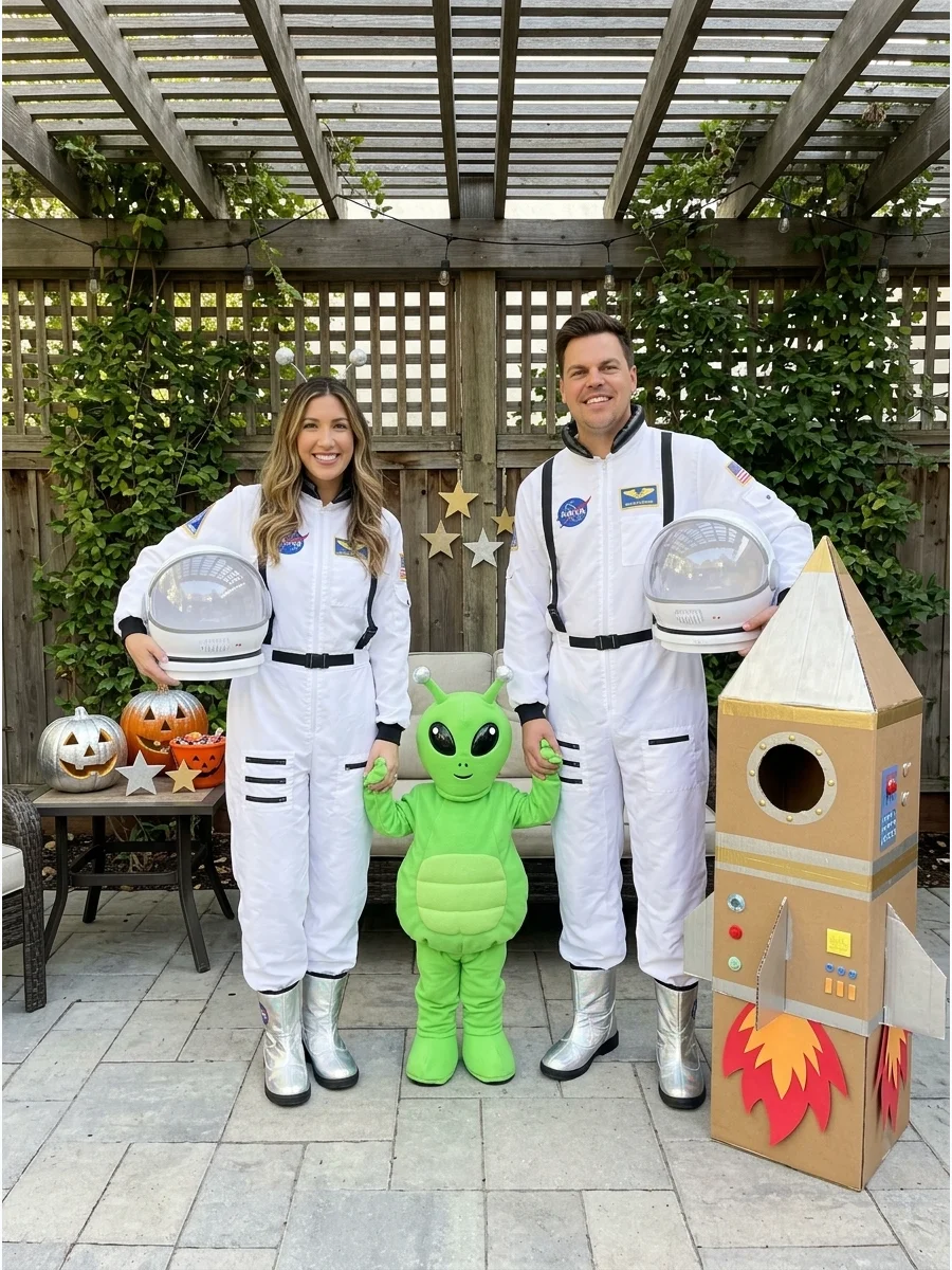 Astronauts and Little Alien. Two family members can wear white astronaut outfits while the third becomes a friendly green alien. Add silver accessories and a cardboard rocket or sp