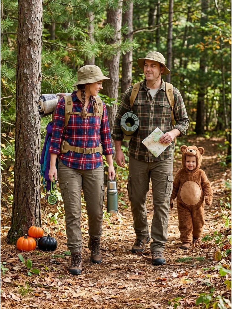 Campers and Bear. Two people can wear flannel shirts, hiking boots, backpacks, and camping hats. The third can dress as a cuddly bear following the campers through the woods. famil
