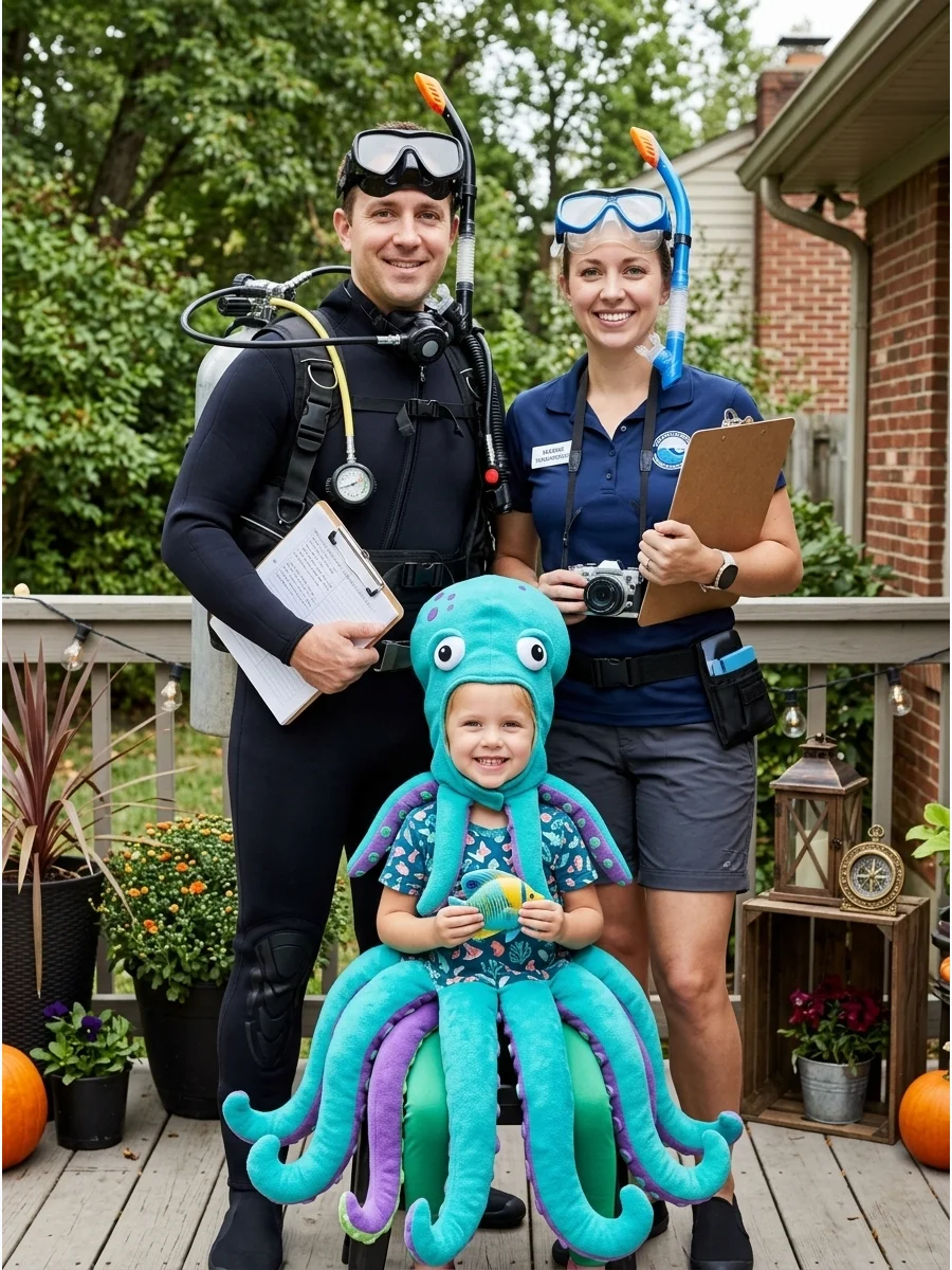 Ocean Explorers and Sea Creature. Dress two family members as scuba divers or marine researchers. The third can become a shark, octopus, sea turtle, jellyfish, or colorful tropical