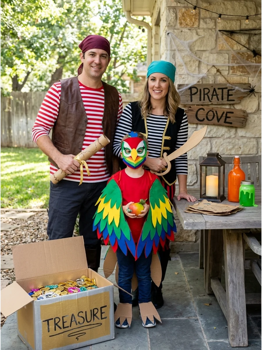 Pirates and Parrot. Two family members can dress as pirates using striped shirts, vests, bandanas, and cardboard treasure maps. The third can become a bright parrot with colorful f