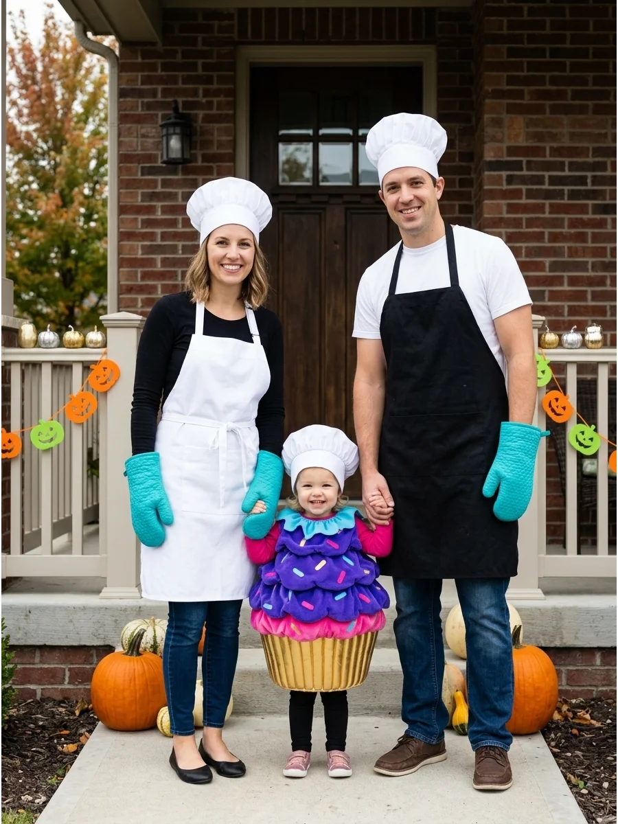 Chefs and Cupcake. Two family members can wear chef hats, aprons, and oven mitts. The third becomes the family’s adorable baked creation in a colorful cupcake or cookie costume. fa
