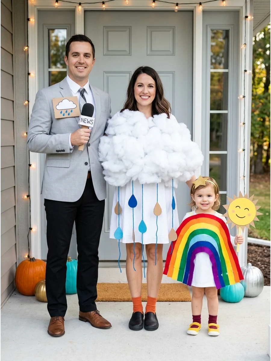 Weather Forecast Family. One person can become a weather reporter, another can dress as a rain cloud, and the third can be a rainbow or ray of sunshine. Use cotton stuffing, colorf