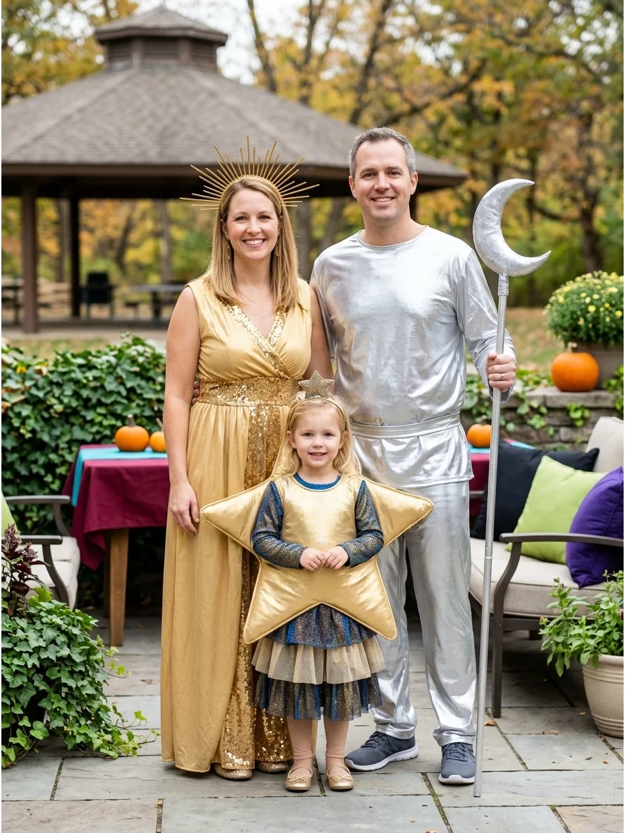 Sun, Moon, and Star. Dress one family member in gold as the sun, another in silver as the moon, and the third as a sparkling star. This simple celestial theme looks especially beau