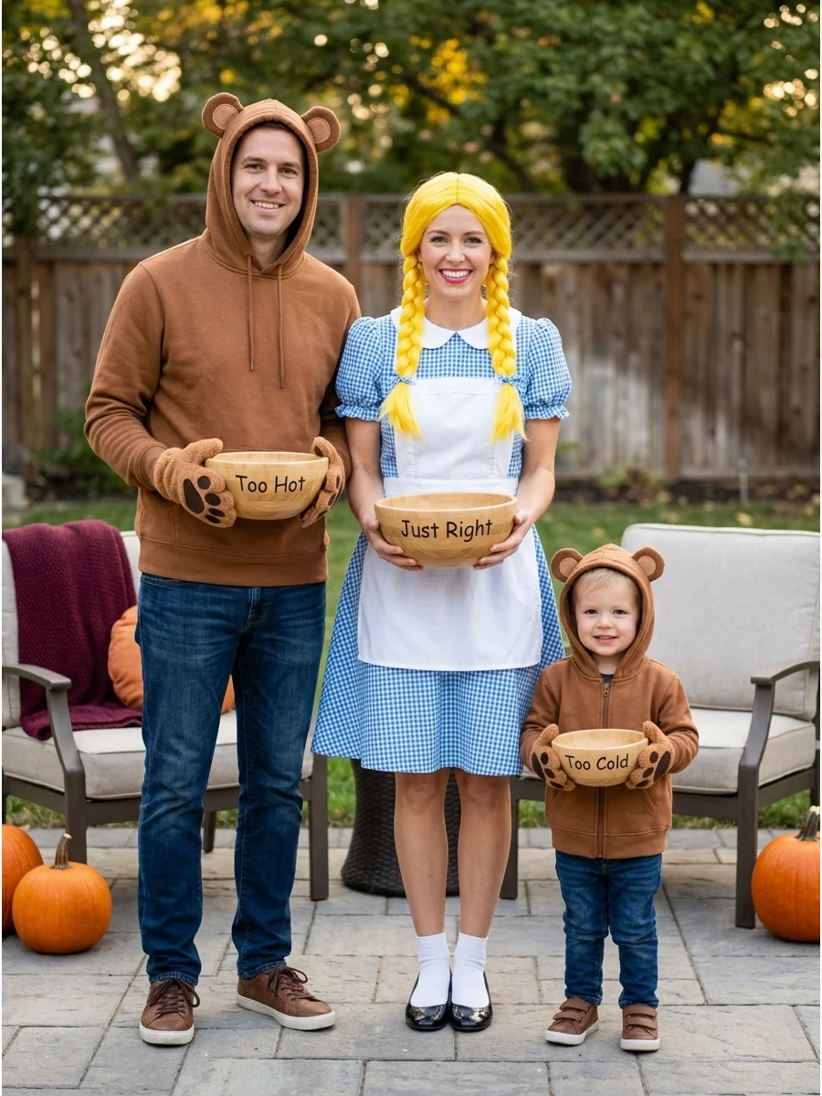 Goldilocks and Two Bears. One person can dress as Goldilocks while the other two become bears. Use brown hoodies, felt ears, and bowls labeled “Too Hot,” “Too Cold,” and “Just Righ