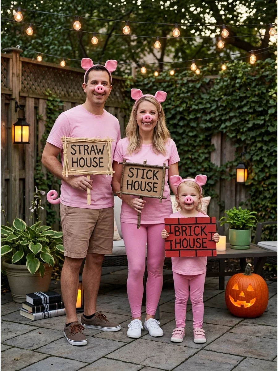 Three Little Pigs. Dress everyone in pink clothing with matching ears, noses, and curly tails. Each person can carry a lightweight sign or prop representing a straw, stick, or bric