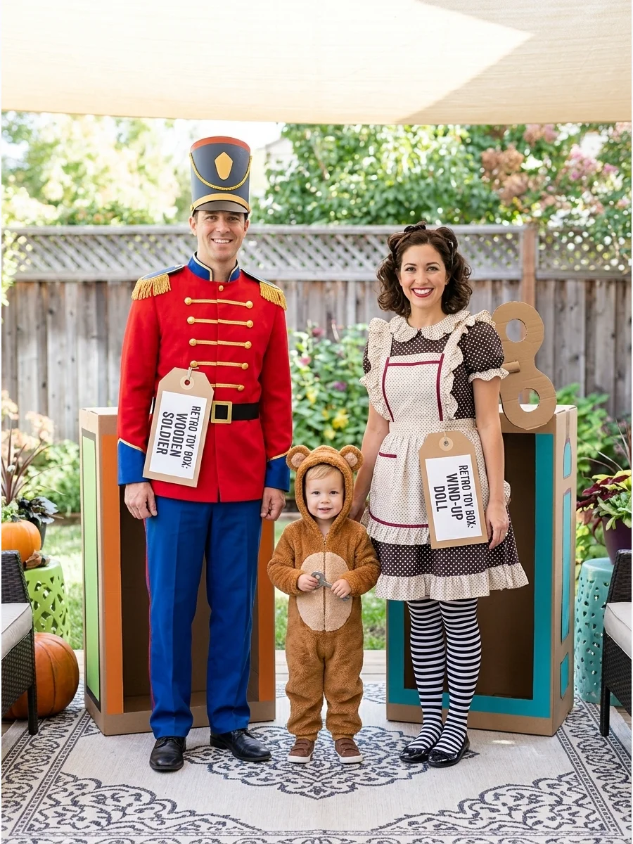 Retro Toy Box Family. Choose three nostalgic toys, such as a teddy bear, wind-up doll, wooden soldier, or building block. Add oversized toy tags or packaging-inspired frames to mak
