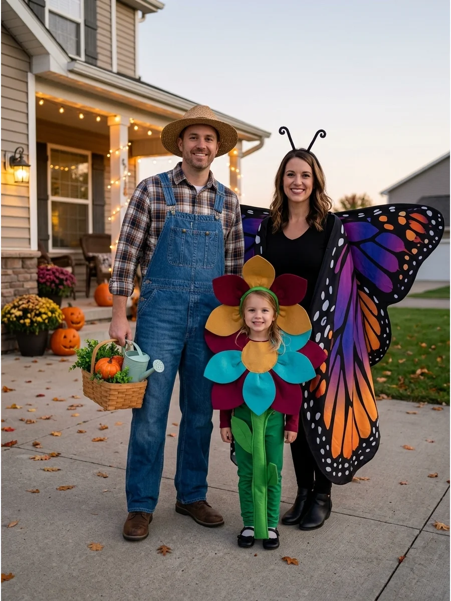 Butterfly, Flower, and Gardener. One person can dress as a butterfly, another as a flower, and the third as a gardener. Coordinating the costume colors will make the three differen