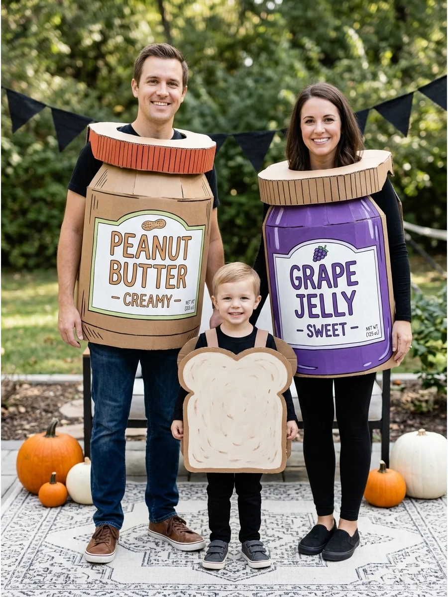 Peanut Butter, Jelly, and Bread. One family member can become peanut butter, another can become jelly, and the third can dress as a slice of bread. Homemade product labels and sand