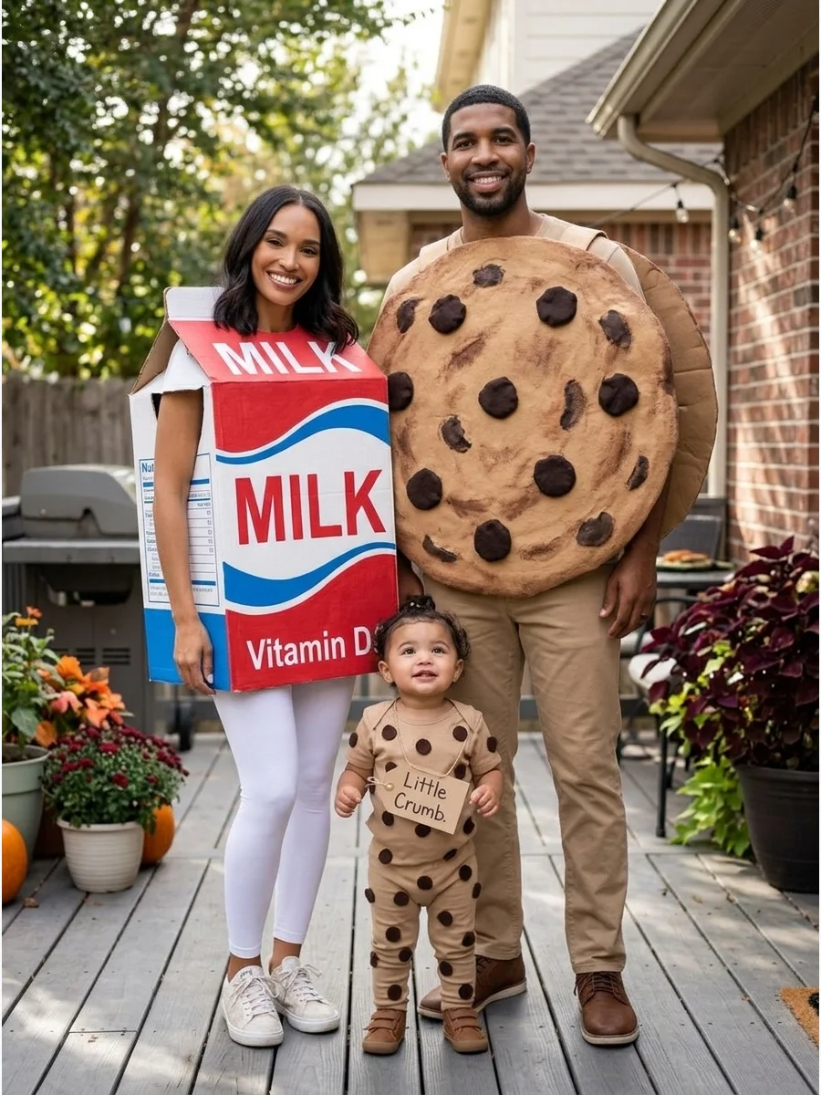 Milk, Cookie, and Little Crumb. Dress one person as a milk carton and another as a chocolate chip cookie. The third can wear a tan outfit covered with small felt chocolate chips an