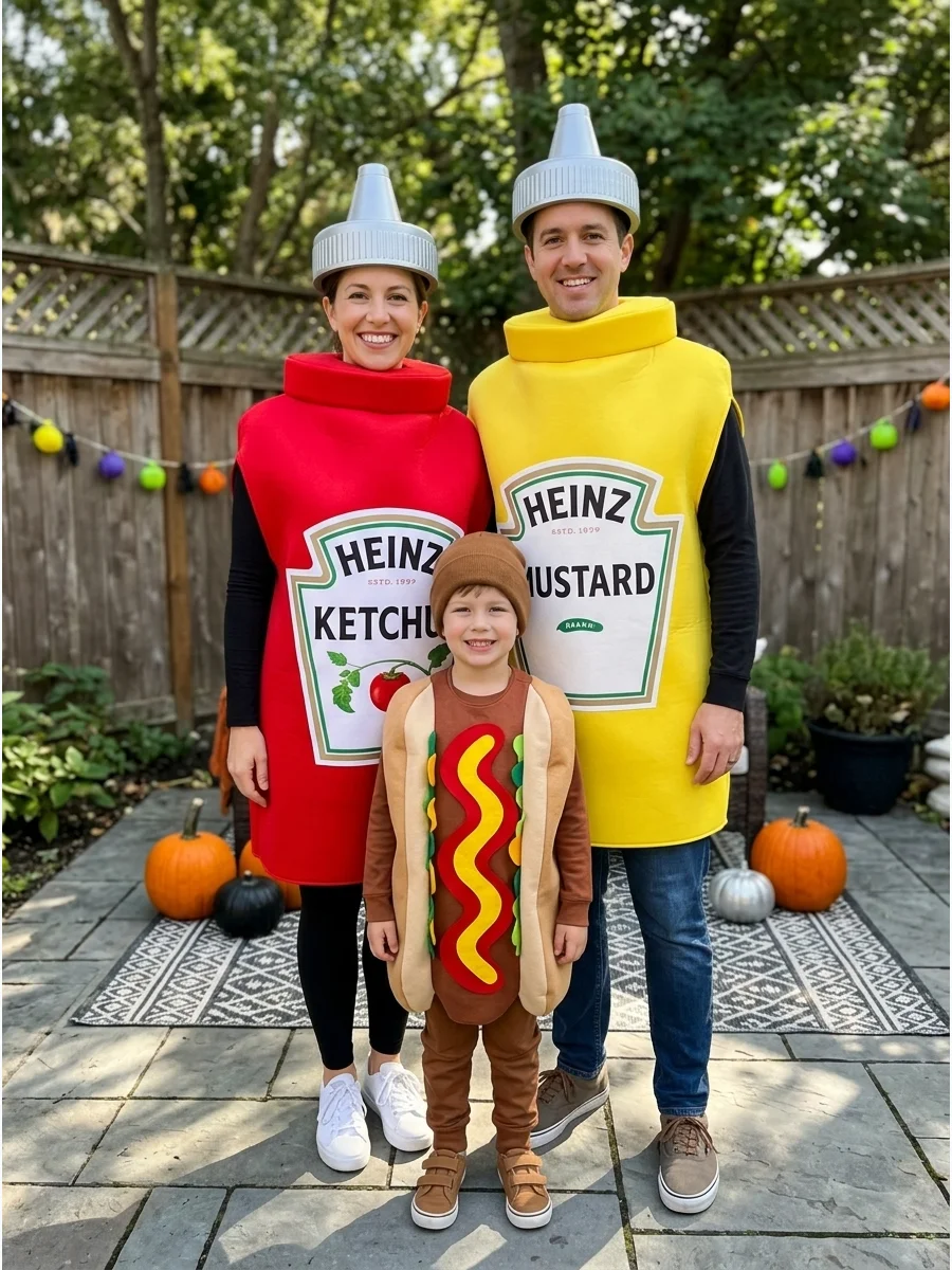 Ketchup, Mustard, and Hot Dog. Two family members can dress as oversized ketchup and mustard bottles. The third becomes a hot dog using a brown outfit, a tan bun shape, and red-and