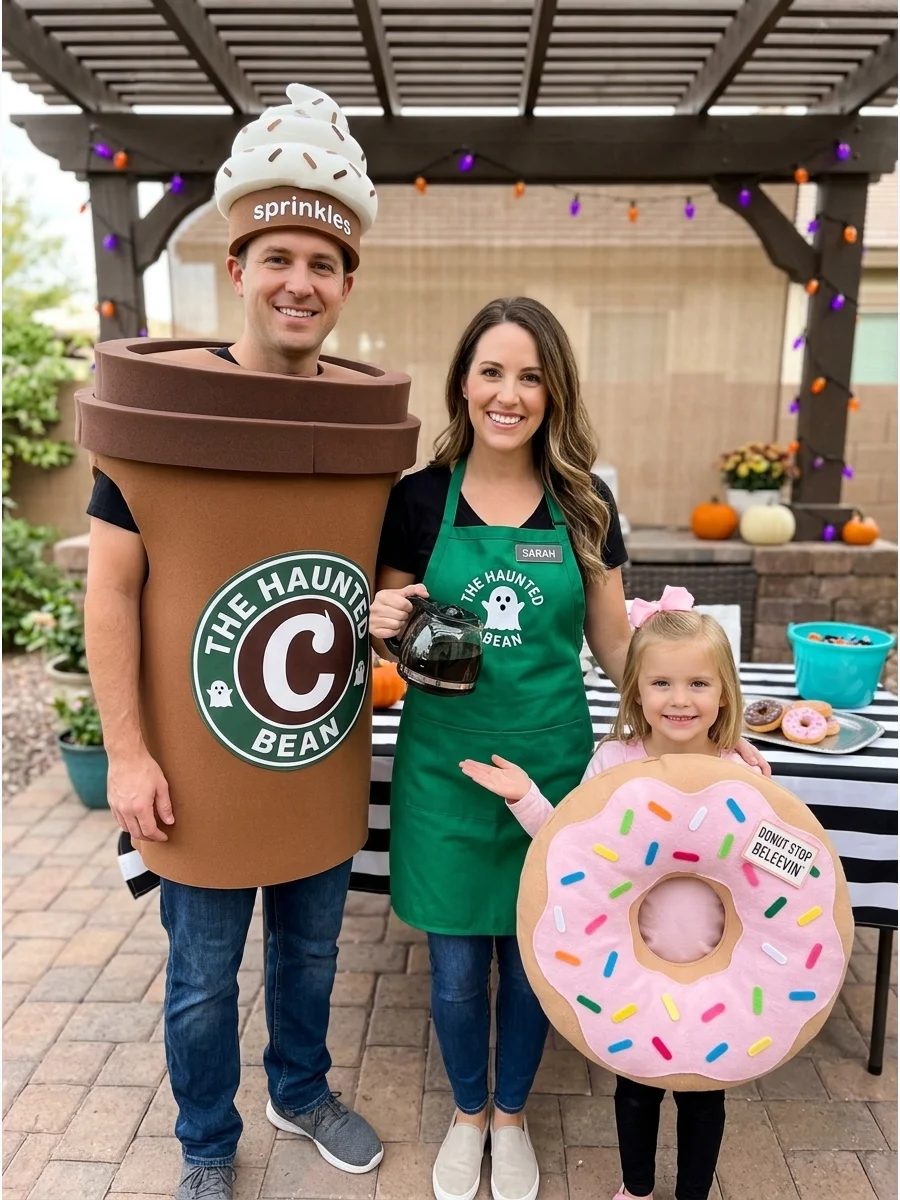 Barista, Coffee, and Donut. One person can wear a barista apron and name tag, while the other two become a coffee cup and donut. Add a fictional family coffee-shop logo to personal
