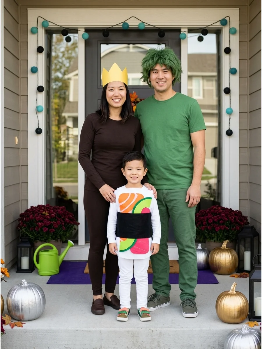 Sushi, Soy Sauce, and Wasabi. Create a sushi costume with white clothing, colorful felt ingredients, and a wide black fabric band. The other two family members can wear dark brown