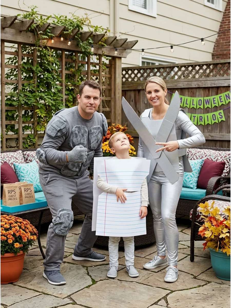 Rock, Paper, and Scissors. Assign one classic game symbol to each family member. Use gray clothing for the rock, a white poster-board panel for paper, and silver cardboard blades f