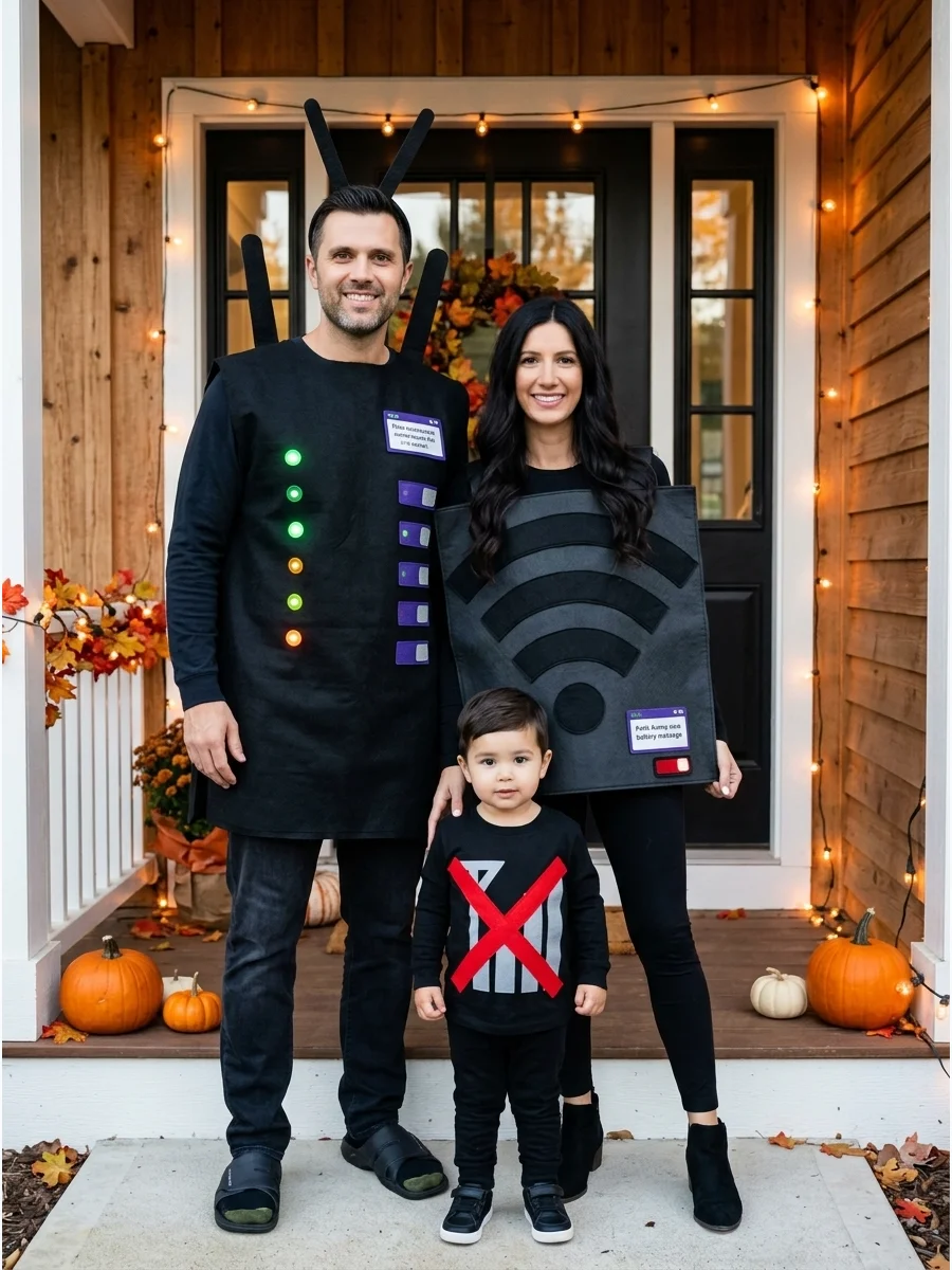 Wi-Fi, Router, and No Signal. One family member can wear a Wi-Fi symbol, another can become the router, and the third can display a crossed-out signal icon. Add blinking battery li