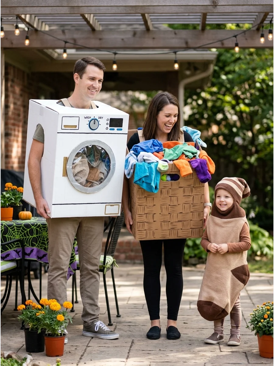 Washing Machine, Laundry Basket, and Missing Sock. Turn a lightweight cardboard box into a washing machine and decorate a second box as a laundry basket. The third family member ca