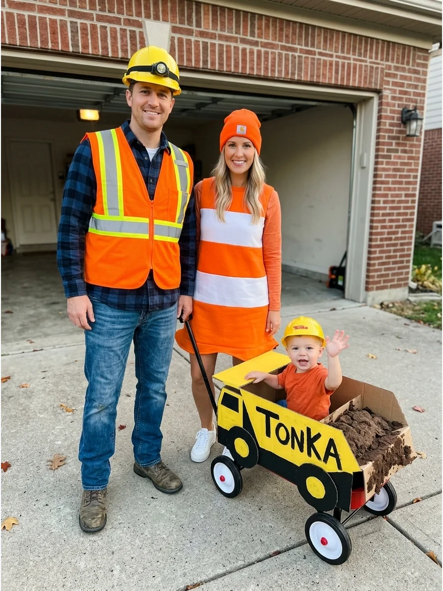 Construction Worker, Traffic Cone, and Dump Truck. One person can wear a reflective vest and hard hat, another can dress in orange and white as a traffic cone, and the third can be