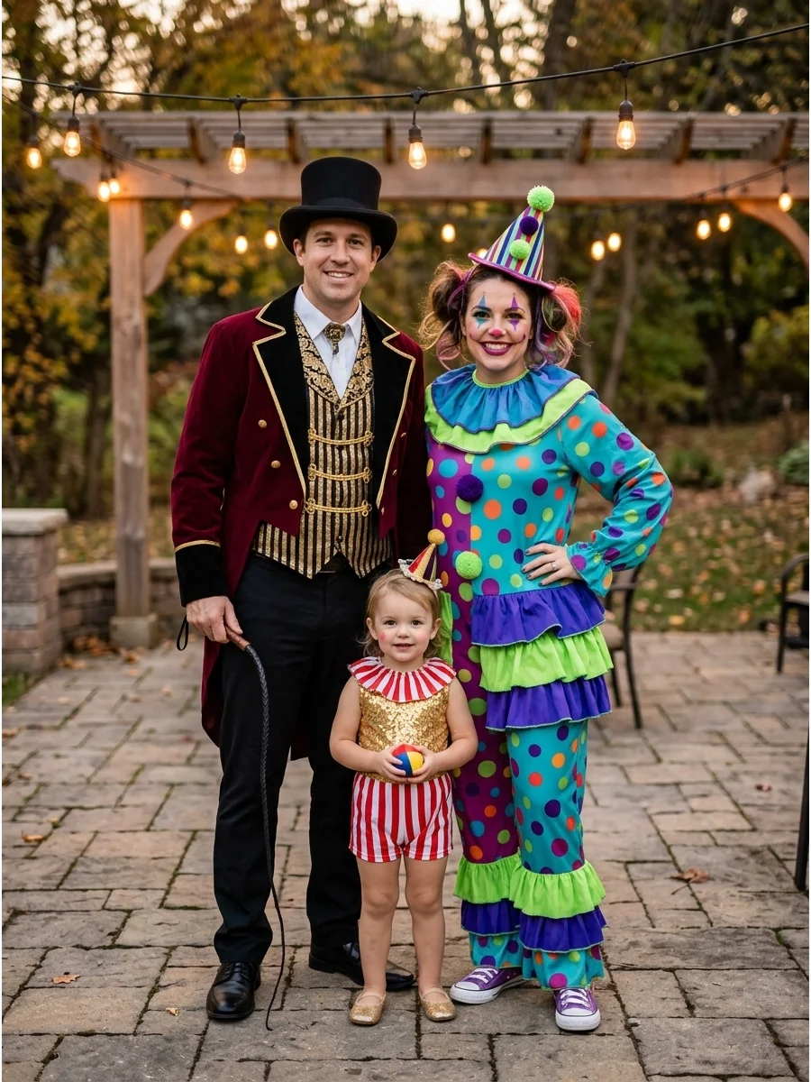 Funhouse Circus Trio. One person can dress as a ringmaster, another as a colorful clown, and the third as a circus animal or acrobat. Use bold stripes, exaggerated collars, playful