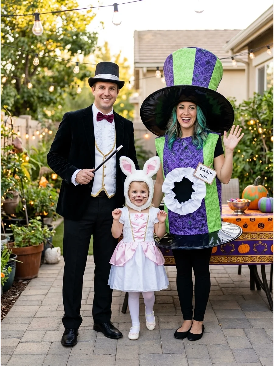 Magician, Rabbit, and Top Hat. Dress one family member as a magician and another as a white rabbit. The third person can wear a large lightweight top-hat costume, creating the illu