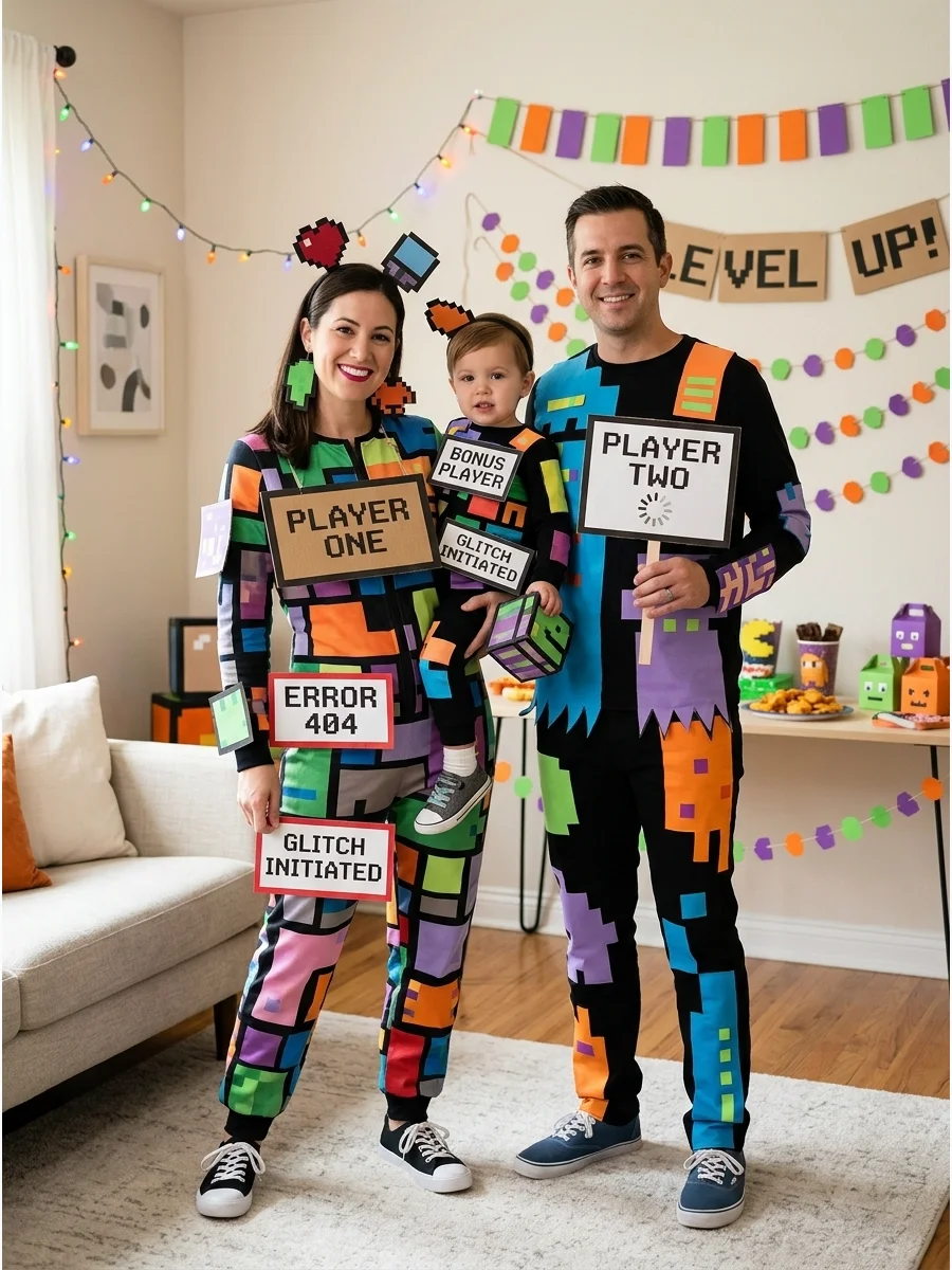 Glitchy Video Game Characters. Wear pixelated costumes with mismatched patterns, intentionally uneven accessories, and colorful digital-error details. Add cardboard loading symbols