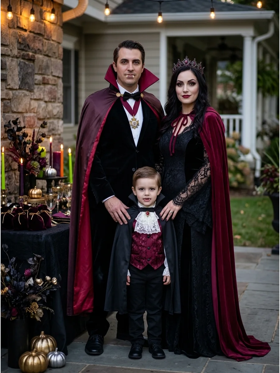 Gothic Vampire Family. Dress the family in black, burgundy, lace, velvet, and dramatic capes for an elegant vampire theme. Each person can have a different role, such as the vampir