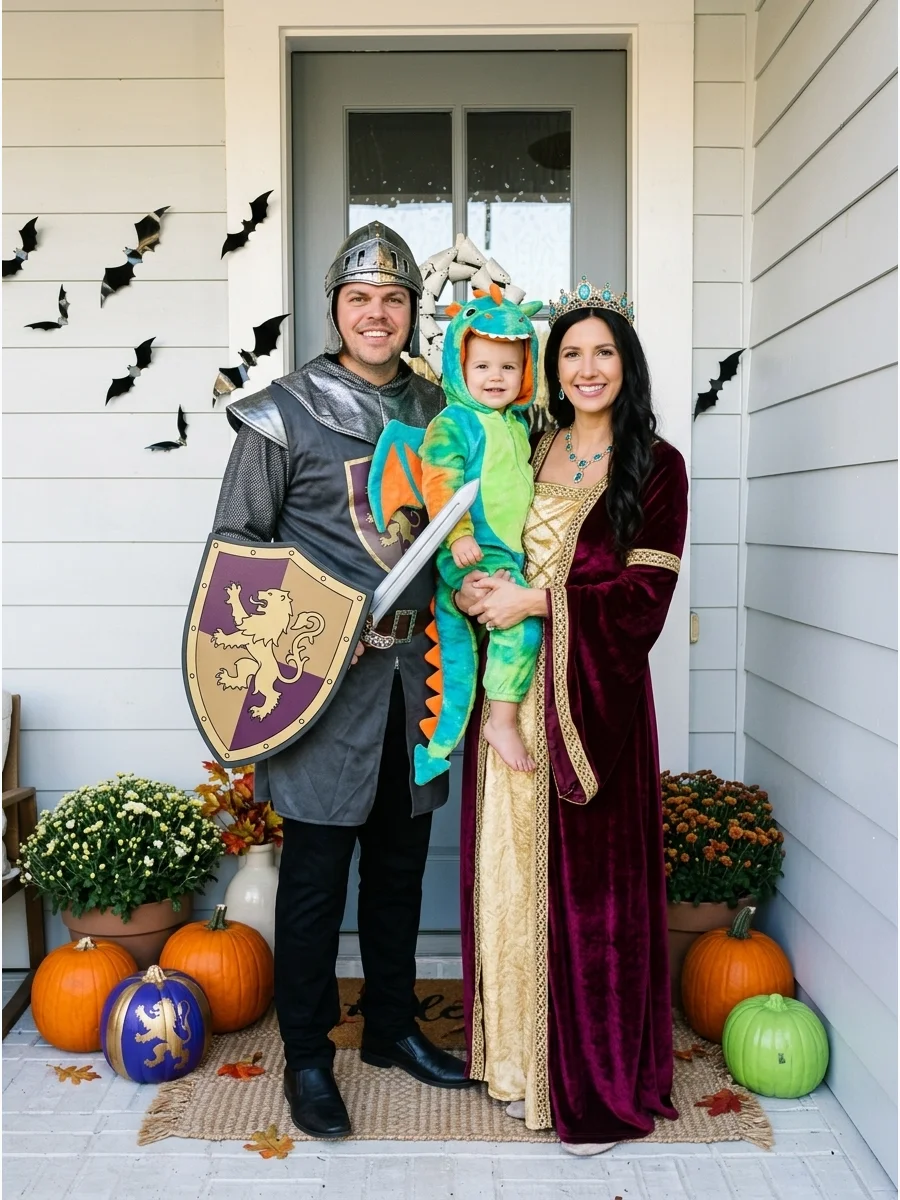 Medieval Family and Dragon. Two family members can become a knight and royal ruler while the third dresses as a dragon. This flexible fantasy theme works especially well when the c